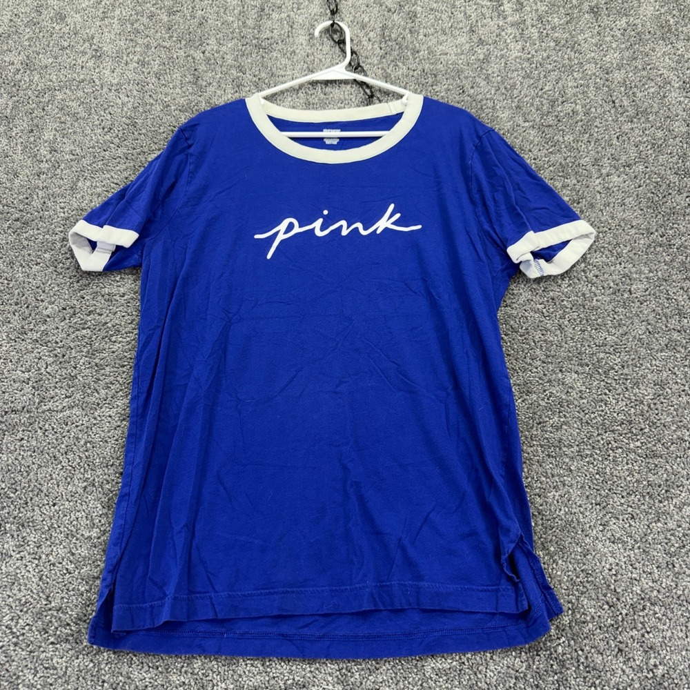 PINK Victoria Secret Ringer Tee Womens Large Blue White Script Logo Short Sleeve